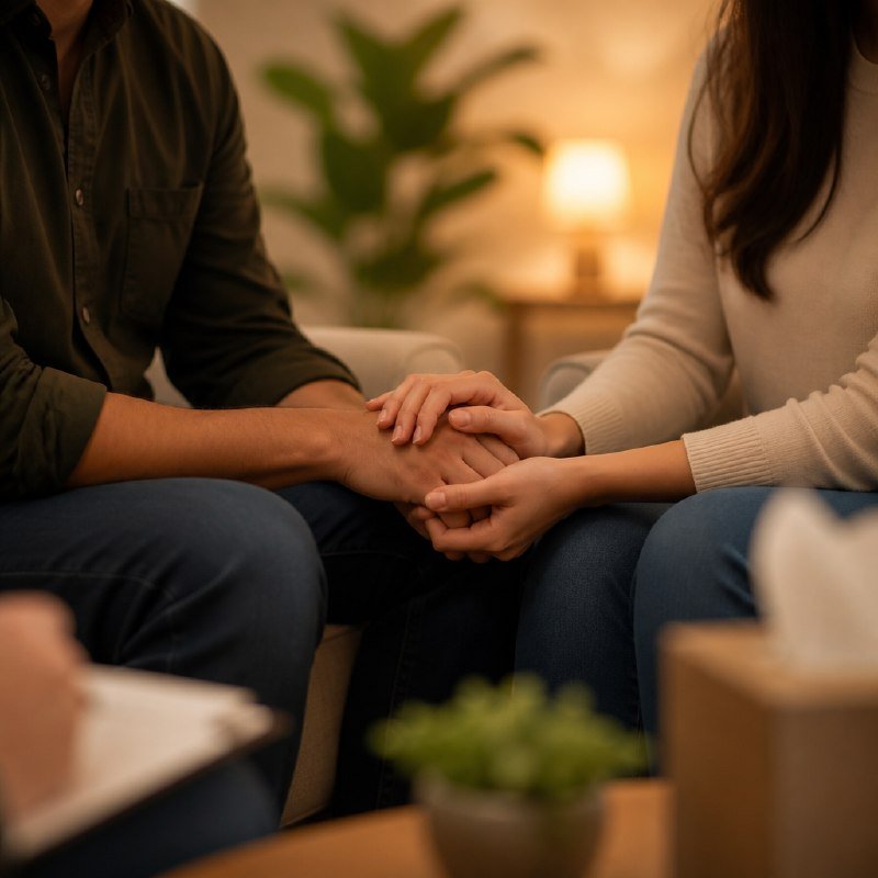Couple overcoming infidelity and holding hands during a marriage counseling session