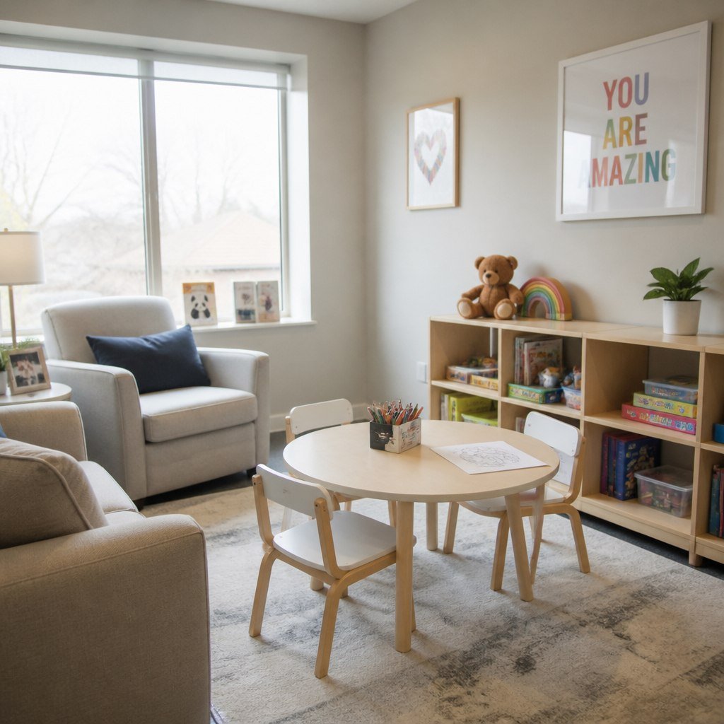 A bright, inviting therapy room with toys, art supplies, and comfortable seating—showing that therapy is a welcoming, non-scary place for kids.