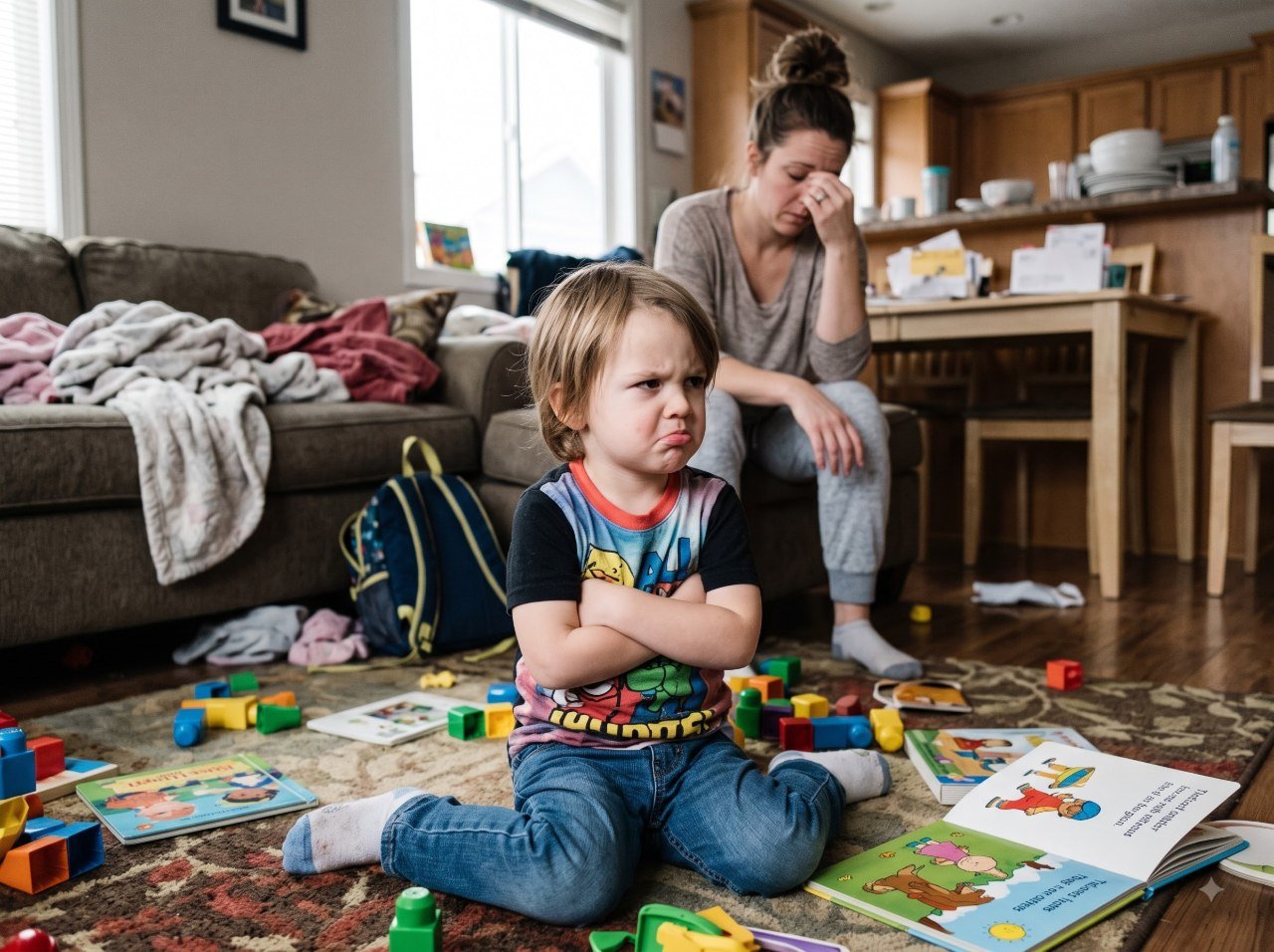 A candid photo of a frustrated child crossing their arms or throwing a tantrum, perhaps with a parent looking stressed in the background.