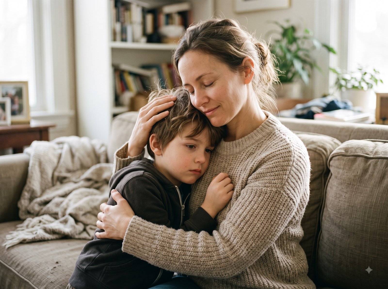 A parent gently hugging a visibly upset or thoughtful child, creating an immediate sense of empathy and safety.