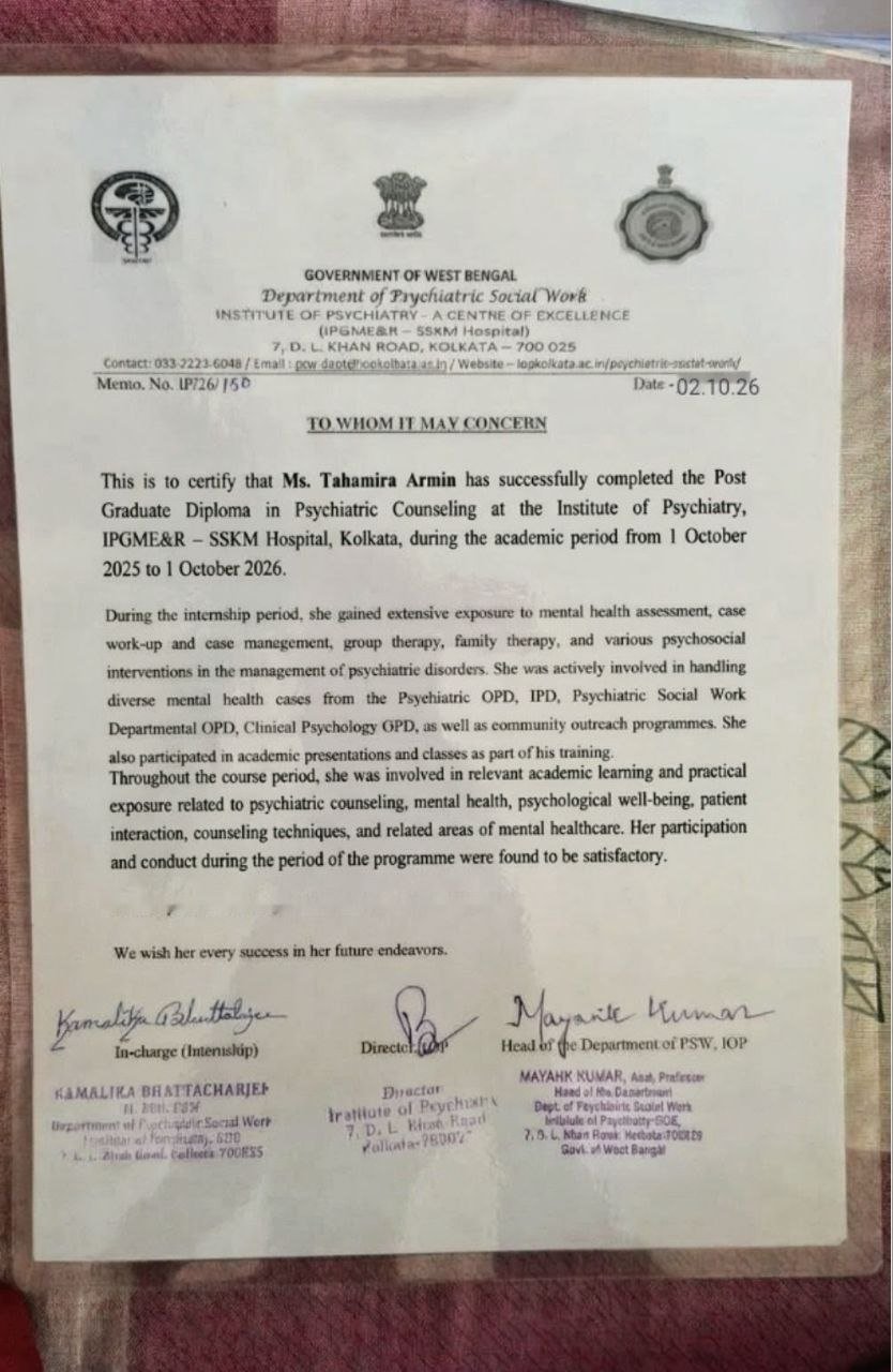 Tahamira Armin Post Graduate Diploma in Psychiatric Counseling certificate from SSKM Hospital Kolkata