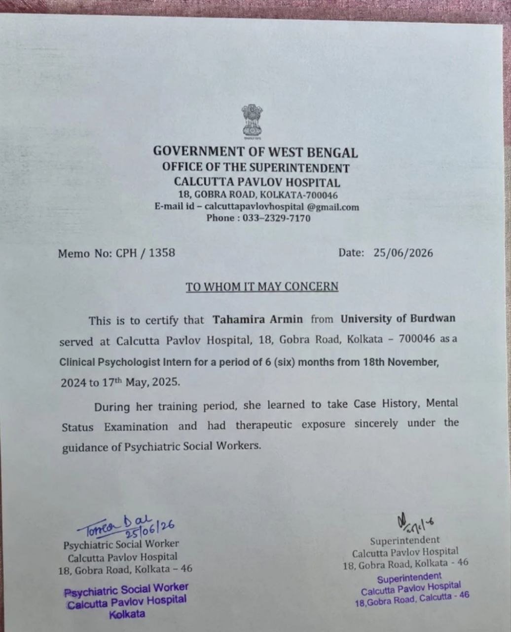 Clinical Psychologist Intern experience certificate of Tahamira Armin from Calcutta Pavlov Hospital