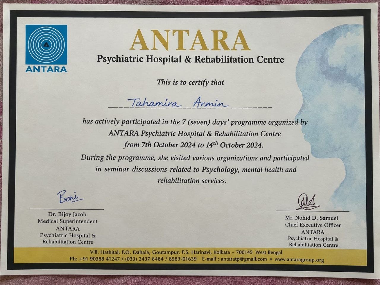 Mental health and psychology seminar participation certificate awarded to Tahamira Armin by ANTARA Hospital