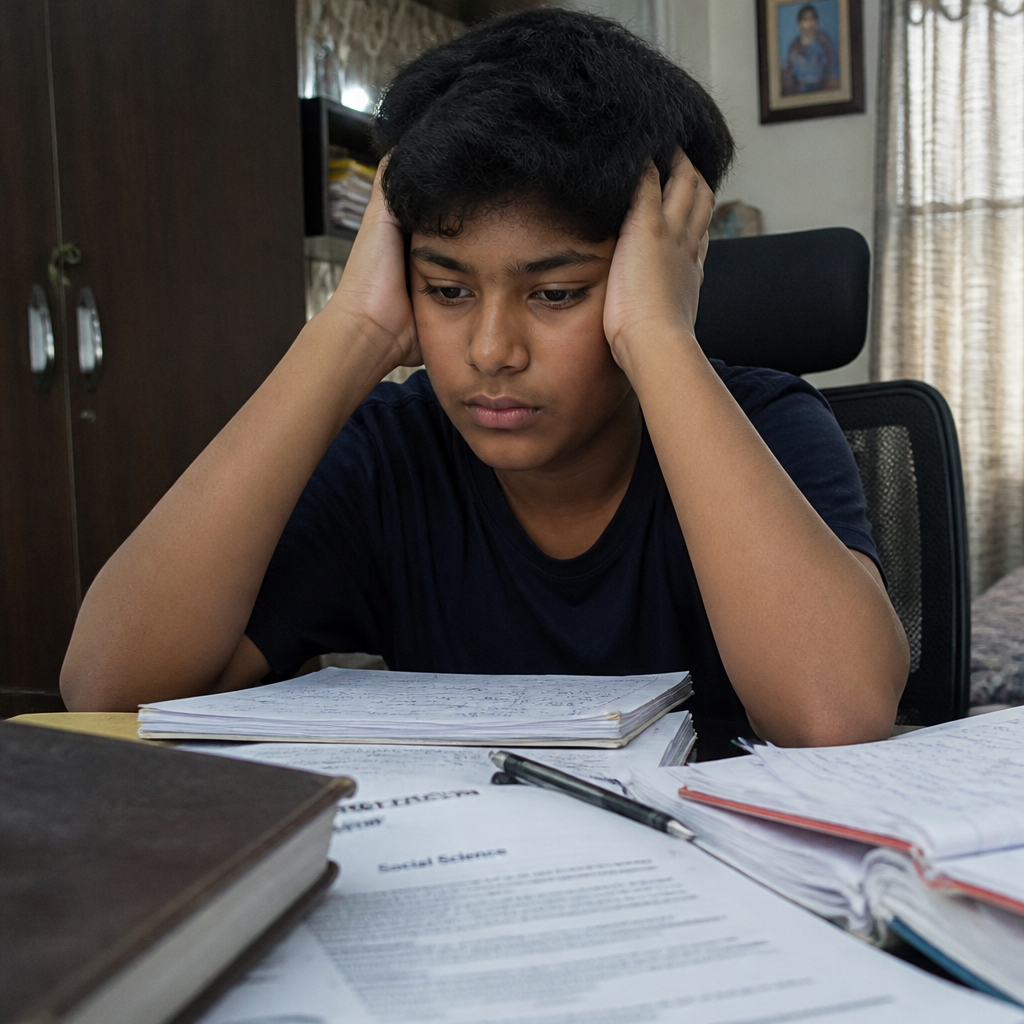 A teenager or child sitting at a desk looking incredibly overwhelmed or checked-out, staring blankly at a pile of homework.